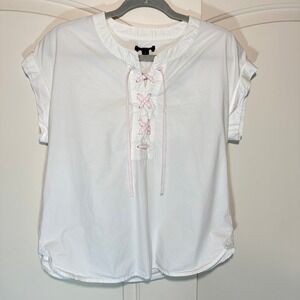 J. Crew White Lace Up Popover Top Cotton Short Sleeve Blouse Pink Heart Tie 6‎